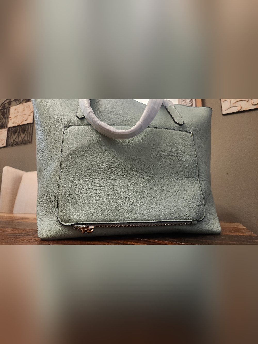 Poppy & Peonies Mint Green Pebbled Tote with Gold Hardware - Picture 12 of 16